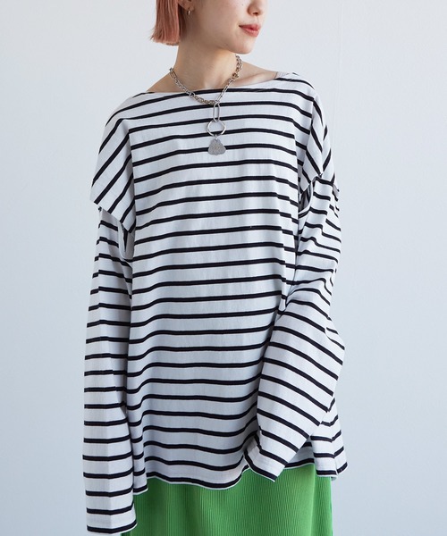 w closet(ダブルクローゼット)の「ボーダーオープンスリーブプルオーバー(Tシャツ/カットソー・レディース・ホワイト×ブラック/ブルー系その他/ピンク系その他/ホワイト×イエロー・FREE)」の10枚目の写真
