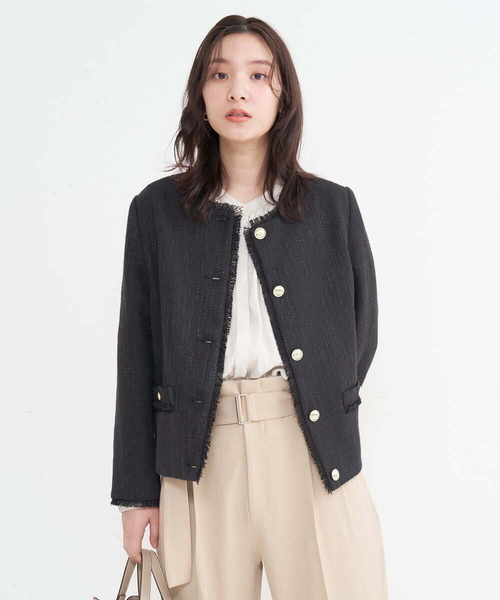 a.v.v（アーヴェヴェ）の「ノーカラーツイードジャケット（ノーカラージャケット・レディース・ブラック/アイボリー・40/38/36）」の3枚目の写真