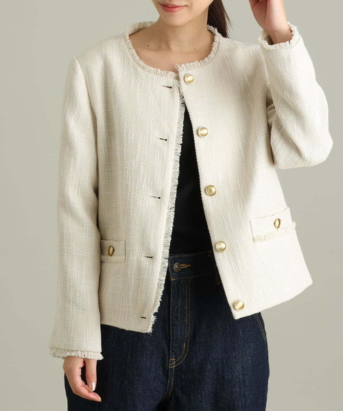 a.v.v（アーヴェヴェ）の「ノーカラーツイードジャケット（ノーカラージャケット・レディース・ブラック/アイボリー・40/38/36）」の17枚目の写真