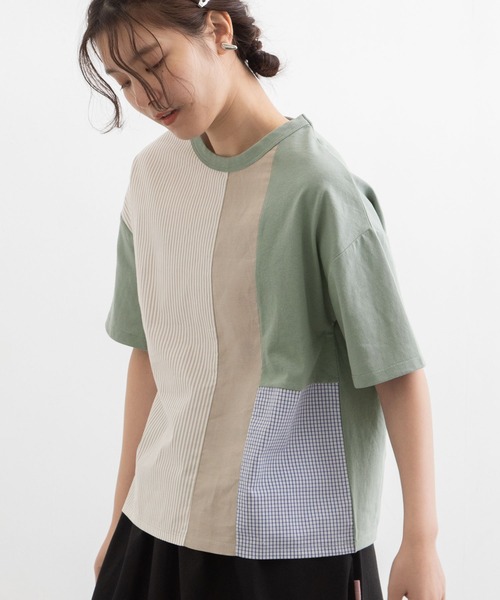 POU DOU DOU（プードゥドゥ）の「ランダムパッチワークTee（Tシャツ/カットソー・レディース・オフホワイト/ブラック/ライトブルー・3）」の3枚目の写真