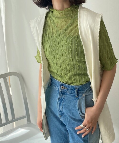 RAY CASSIN（レイカズン）の「ウェーブシアー半袖プルオーバー（Tシャツ/カットソー・レディース・グリーン/キナリ/ブラック・FREE）」の3枚目の写真