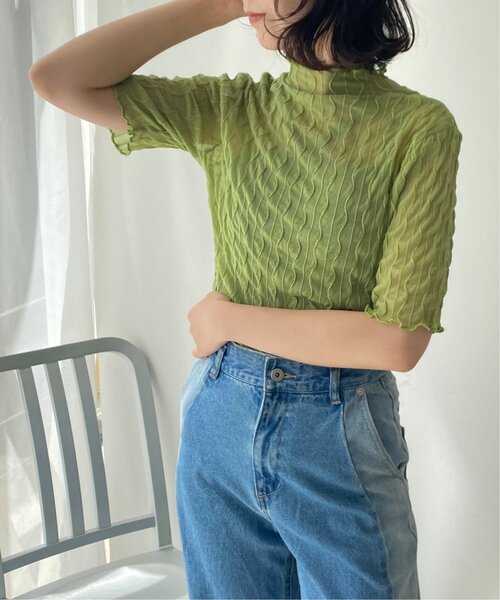 RAY CASSIN（レイカズン）の「ウェーブシアー半袖プルオーバー（Tシャツ/カットソー・レディース・グリーン/キナリ/ブラック・FREE）」の10枚目の写真