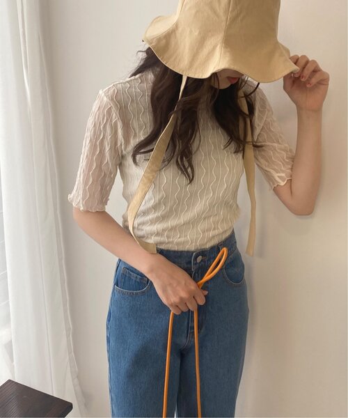 RAY CASSIN（レイカズン）の「ウェーブシアー半袖プルオーバー（Tシャツ/カットソー・レディース・グリーン/キナリ/ブラック・FREE）」の22枚目の写真