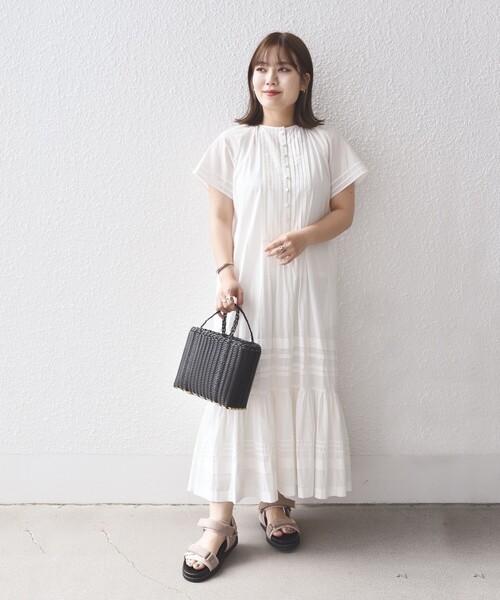 SHIPS シップス ピンタックレースリボンワンピース フレンチ袖 コットン 美品 シップス ピンタックレースリボンワンピース フレンチ袖