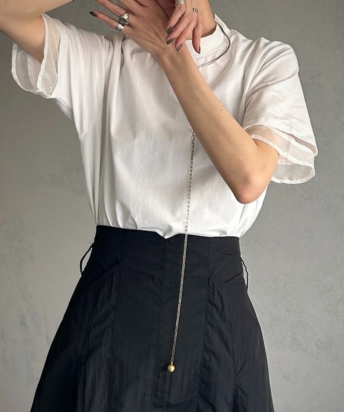 &g'aime(アンジェム)の「【&g’aime】袖シアー切替Tシャツ(Tシャツ/カットソー・レディース・ホワイト/グリーン/ブラック・FREE)」の2枚目の写真