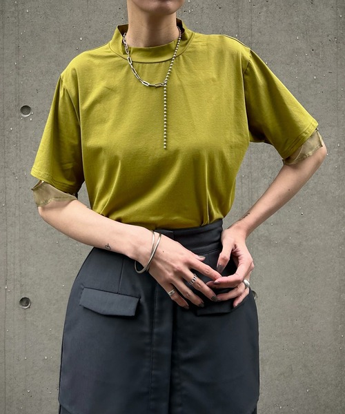 &g'aime(アンジェム)の「【&g’aime】袖シアー切替Tシャツ(Tシャツ/カットソー・レディース・ホワイト/グリーン/ブラック・FREE)」の9枚目の写真