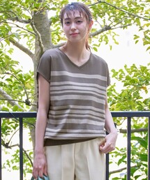 【洗える】マルチボーダーフレンチスリーブニット