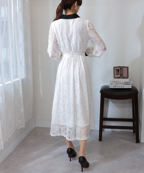 セール】リボンベルト付 総レース クレリック 長袖 ロングワンピース