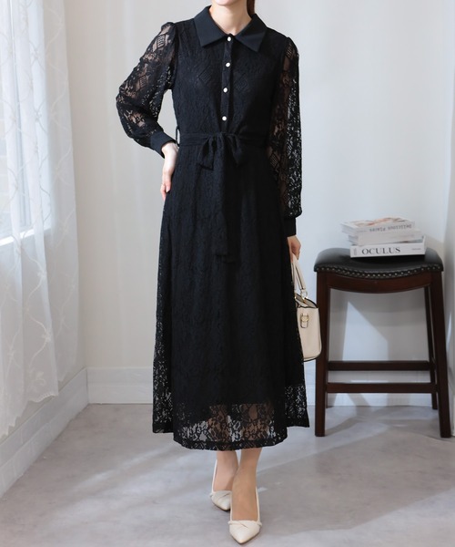 pumpkin port(パンプキンポート)の「リボンベルト付 総レース クレリック 長袖 ロングワンピース(ワンピース・レディース・ブラック/グリーン/ブルー/オフホワイト/ネイビー・MEDIUM/L/LL)」の15枚目の写真