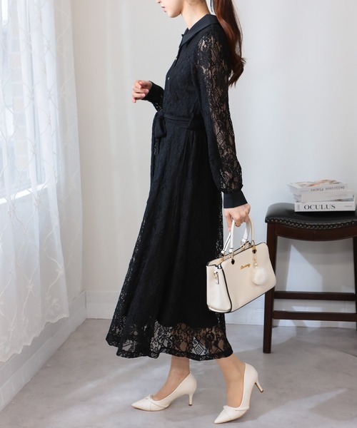 セール】リボンベルト付 総レース クレリック 長袖 ロングワンピース