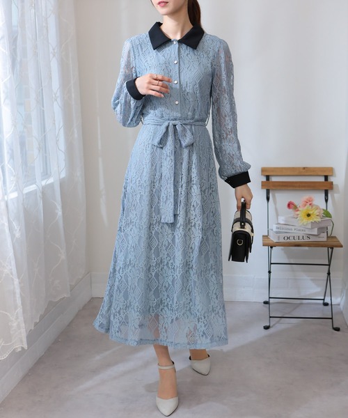 セール】リボンベルト付 総レース クレリック 長袖 ロングワンピース