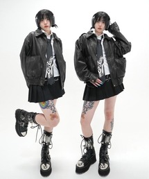 ストリートファッション XU エックスユー leather zipup jacket フェイク レザージャケット ブルゾン ストリートファッション ライダースジャケット カモ柄 オーバーサイズ ジップジャケット ジップアップ