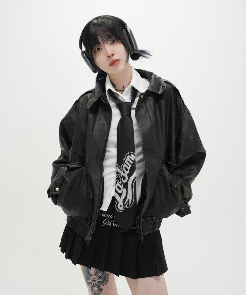 XU(エックスユー)の「ストリートファッション XU エックスユー leather zipup jacket フェイク レザージャケット ブルゾン ストリートファッション ライダースジャケット カモ柄 オーバーサイズ ジップジャケット ジップアップ(ブルゾン・メンズ・ブラック・ONE SIZE)」の3枚目の写真