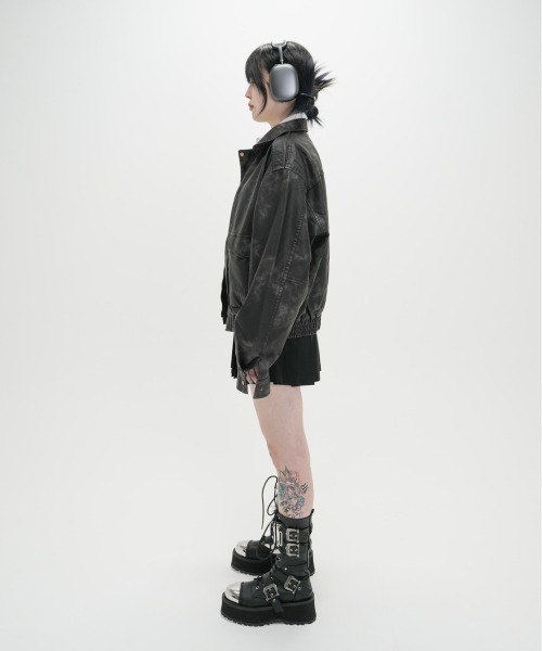 XU(エックスユー)の「ストリートファッション XU エックスユー leather zipup jacket フェイク レザージャケット ブルゾン ストリートファッション ライダースジャケット カモ柄 オーバーサイズ ジップジャケット ジップアップ(ブルゾン・メンズ・ブラック・ONE SIZE)」の14枚目の写真