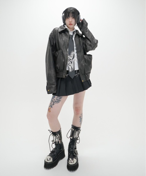 XU(エックスユー)の「ストリートファッション XU エックスユー leather zipup jacket フェイク レザージャケット ブルゾン ストリートファッション ライダースジャケット カモ柄 オーバーサイズ ジップジャケット ジップアップ(ブルゾン・メンズ・ブラック・ONE SIZE)」の6枚目の写真