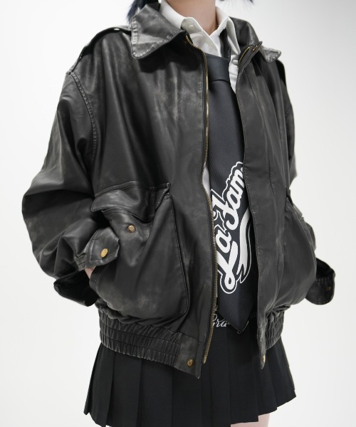 XU(エックスユー)の「ストリートファッション XU エックスユー leather zipup jacket フェイク レザージャケット ブルゾン ストリートファッション ライダースジャケット カモ柄 オーバーサイズ ジップジャケット ジップアップ(ブルゾン・メンズ・ブラック・ONE SIZE)」の18枚目の写真