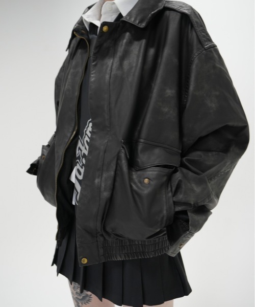 XU(エックスユー)の「ストリートファッション XU エックスユー leather zipup jacket フェイク レザージャケット ブルゾン ストリートファッション ライダースジャケット カモ柄 オーバーサイズ ジップジャケット ジップアップ(ブルゾン・メンズ・ブラック・ONE SIZE)」の19枚目の写真