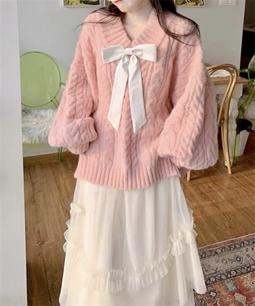 Dream garden(ドリームガーデン)の「ゆったりサイズVネックケーブルチュニックニットプルオーバー(ニット/セーター・レディース・ピンク/ミント/ベージュ/グレー/ブルー・FREE)」の20枚目の写真