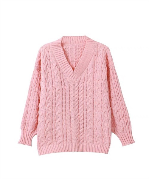 Dream garden(ドリームガーデン)の「ゆったりサイズVネックケーブルチュニックニットプルオーバー(ニット/セーター・レディース・ピンク/ミント/ベージュ/グレー/ブルー・FREE)」の9枚目の写真