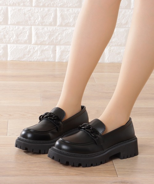 セール】チェーンベルト付き 厚底 ラウンド ローファー（ローファー
