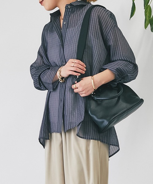un dix cors(アンディコール)の「《WEB限定》シアーストライプシャツ(シャツ/ブラウス・レディース・チャコールグレー/ホワイト系その他/イエロー・FREE)」の2枚目の写真