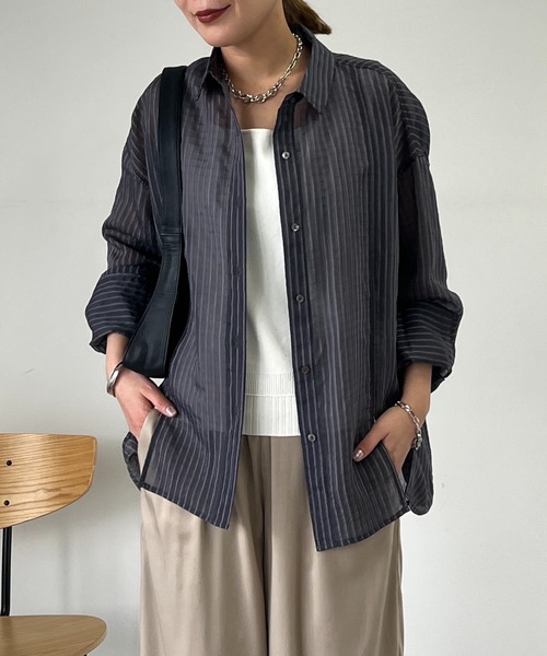 un dix cors(アンディコール)の「《WEB限定》シアーストライプシャツ(シャツ/ブラウス・レディース・チャコールグレー/ホワイト系その他/イエロー・FREE)」の20枚目の写真