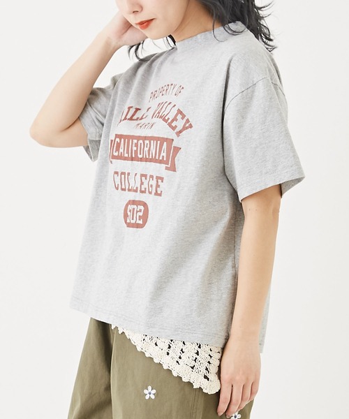CUBE SUGAR（キューブシュガー）の「カギ針風ニット付カレッジロゴプリントTシャツ（Tシャツ/カットソー・レディース・ライトイエロー/トップグレー/スミクロ/ホワイト・M）」の4枚目の写真