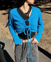 【LVEU.】フロントシャーリングクロップドトップス / トップス リブ ニット シャーリング くしゅくしゅ クロップド ショート ブラック ホワイト ブルー ZOZOTOWN限定