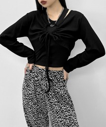 【LVEU.】フロントシャーリングクロップドトップス / トップス リブ ニット シャーリング くしゅくしゅ クロップド ショート ブラック ホワイト ブルー ZOZOTOWN限定