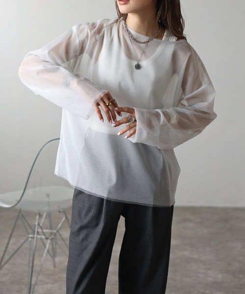 Bonjour Sagan(ボンジュールサガン)の「ラメチュールレイヤードプルオーバー(Tシャツ/カットソー・レディース・ブルー/ベージュ/ライトグレー・FREE)」の1枚目の写真