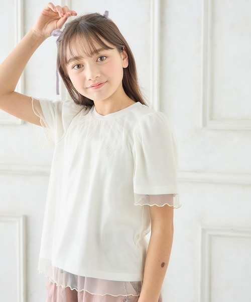 Amourire girl(アムリールガール)の「チュールドッキングTシャツ(130cm~160cm)(Tシャツ/カットソー・キッズ・ピンク/オフホワイト・160cm/150cm/140cm/130cm)」の5枚目の写真