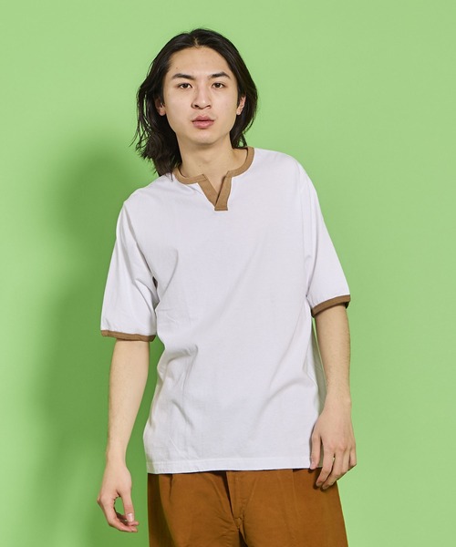 WALLA WALLA SPORT(ワラワラスポーツ)の「H/S SPLIT NECK RINGER TEE / ハーフスリーブ スプリットネック リンガーティー(Tシャツ/カットソー・メンズ・ホワイト×パープル/ホワイト×ネイビー/ホワイト×グレー/ブラック系その他/ホワイト×ブラック/ホワイト×カーキブラウン/ホワイト×グリーン・X-LARGE/XX-LARGE/XXX-LARGE/LARGE/MEDIUM/SMALL)」の6枚目の写真