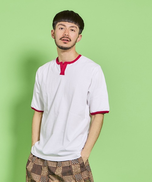 WALLA WALLA SPORT(ワラワラスポーツ)の「H/S SPLIT NECK RINGER TEE / ハーフスリーブ スプリットネック リンガーティー(Tシャツ/カットソー・メンズ・ホワイト×パープル/ホワイト×ネイビー/ホワイト×グレー/ブラック系その他/ホワイト×ブラック/ホワイト×カーキブラウン/ホワイト×グリーン・X-LARGE/XX-LARGE/XXX-LARGE/LARGE/MEDIUM/SMALL)」の13枚目の写真