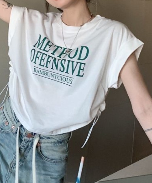 セール】サイドドローコードフレンチスリーブショート丈Tシャツ