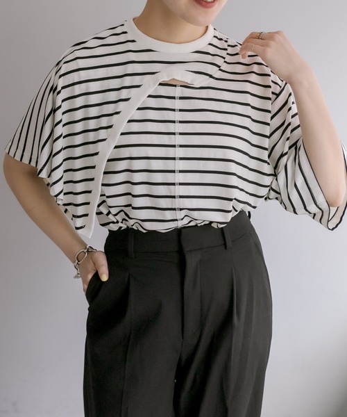 ear PAPILLONNER（イアパピヨネ）の「《レイヤード風》ボーダーケープTシャツ【SUM1 STYLE】（Tシャツ/カットソー・レディース・ホワイト/サンドベージュ・FREE）」の19枚目の写真