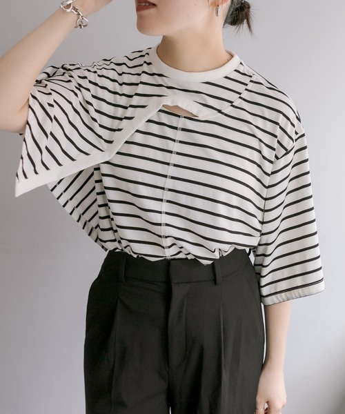 ear PAPILLONNER（イアパピヨネ）の「《レイヤード風》ボーダーケープTシャツ【SUM1 STYLE】（Tシャツ/カットソー・レディース・ホワイト/サンドベージュ・FREE）」の18枚目の写真