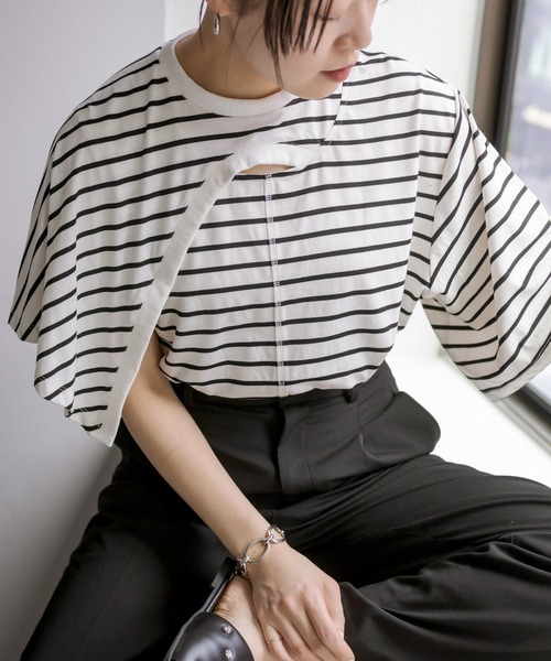 ear PAPILLONNER（イアパピヨネ）の「《レイヤード風》ボーダーケープTシャツ【SUM1 STYLE】（Tシャツ/カットソー・レディース・ホワイト/サンドベージュ・FREE）」の11枚目の写真