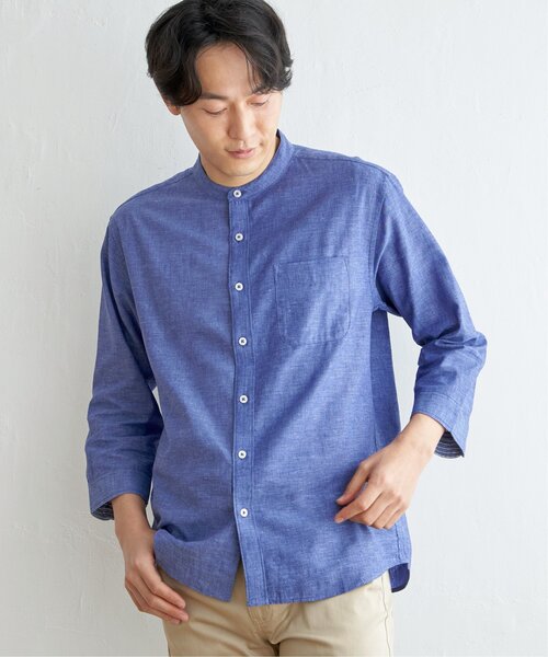 ikka(イッカ)の「【速乾】7分袖イージーケアリネンバンドカラーシャツ(シャツ/ブラウス・メンズ・ホワイト/グリーン/ブルー・S/M/L/XL)」の4枚目の写真