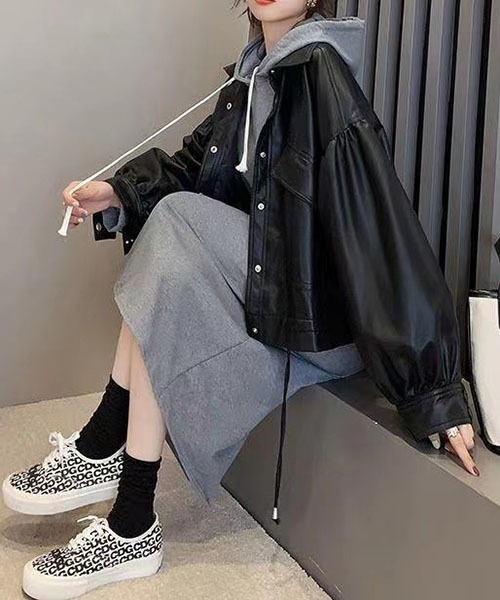 gossip！ロサンゼルス（ゴシップロサンゼルス）の「ドロップショルダーショートモッズブルゾン  ライダースジャケット  合成皮革{裾が絞れる}（ライダースジャケット・レディース・ブラウン/ブラック・FREE）」の4枚目の写真