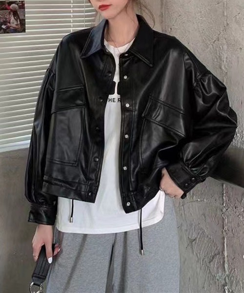 gossip！ロサンゼルス（ゴシップロサンゼルス）の「ドロップショルダーショートモッズブルゾン  ライダースジャケット  合成皮革{裾が絞れる}（ライダースジャケット・レディース・ブラウン/ブラック・FREE）」の9枚目の写真