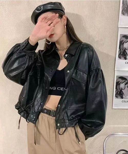 gossip！ロサンゼルス（ゴシップロサンゼルス）の「ドロップショルダーショートモッズブルゾン  ライダースジャケット  合成皮革{裾が絞れる}（ライダースジャケット・レディース・ブラウン/ブラック・FREE）」の6枚目の写真