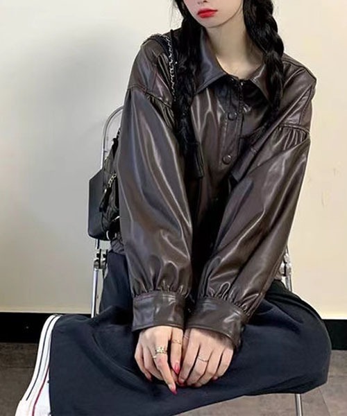 gossip！ロサンゼルス（ゴシップロサンゼルス）の「ドロップショルダーショートモッズブルゾン  ライダースジャケット  合成皮革{裾が絞れる}（ライダースジャケット・レディース・ブラウン/ブラック・FREE）」の11枚目の写真