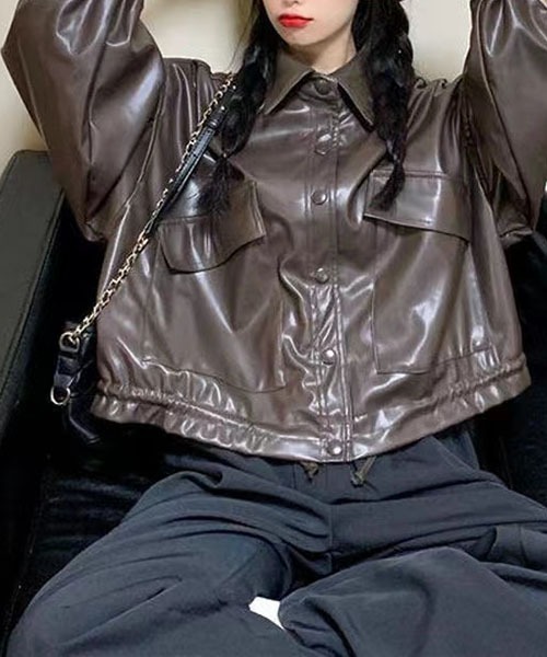 gossip！ロサンゼルス（ゴシップロサンゼルス）の「ドロップショルダーショートモッズブルゾン  ライダースジャケット  合成皮革{裾が絞れる}（ライダースジャケット・レディース・ブラウン/ブラック・FREE）」の14枚目の写真