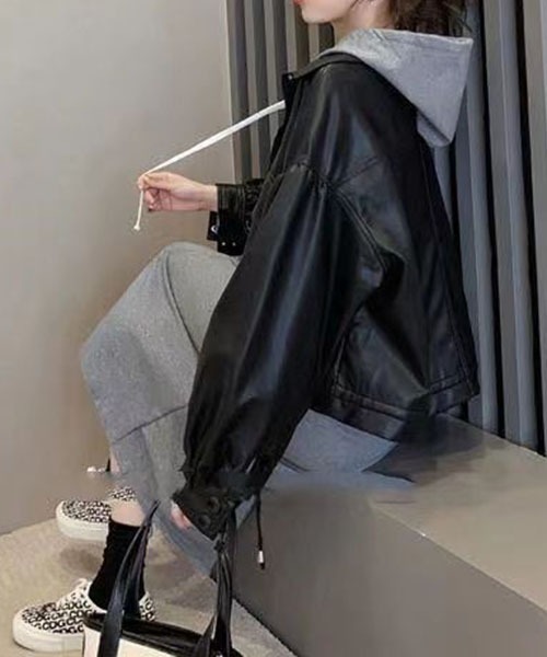 gossip！ロサンゼルス（ゴシップロサンゼルス）の「ドロップショルダーショートモッズブルゾン  ライダースジャケット  合成皮革{裾が絞れる}（ライダースジャケット・レディース・ブラウン/ブラック・FREE）」の5枚目の写真