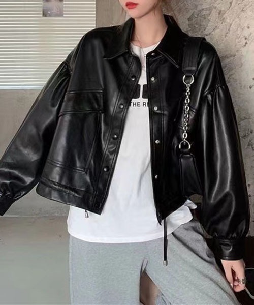 gossip！ロサンゼルス（ゴシップロサンゼルス）の「ドロップショルダーショートモッズブルゾン  ライダースジャケット  合成皮革{裾が絞れる}（ライダースジャケット・レディース・ブラウン/ブラック・FREE）」の17枚目の写真