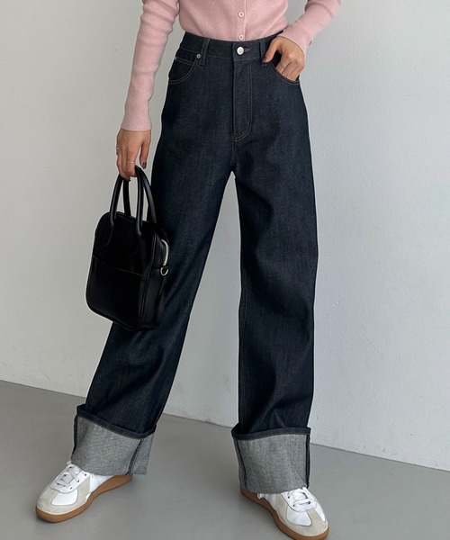 callautia（カラウティア）の「ロールアップハイウエストデニムパンツ（デニムパンツ・レディース・インディゴブルー/ブラック・マルチサイズ）」の5枚目の写真