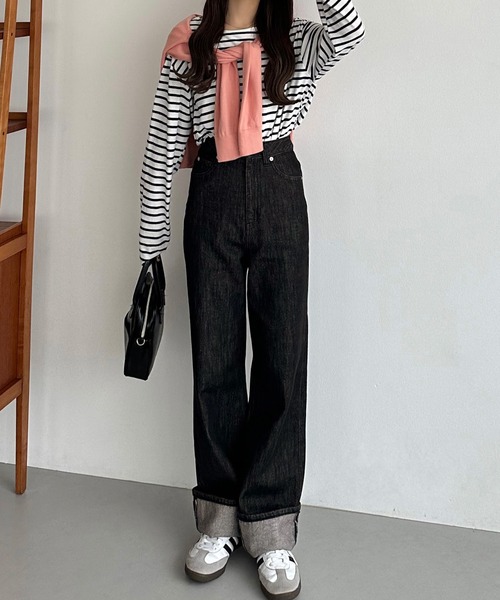 ロールアップハイウエストデニムパンツ セール】ロールアップハイウエストデニムパンツ（デニムパンツ