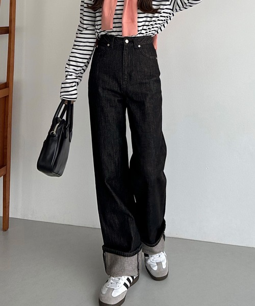 callautia（カラウティア）の「ロールアップハイウエストデニムパンツ（デニムパンツ・レディース・インディゴブルー/ブラック・マルチサイズ）」の11枚目の写真