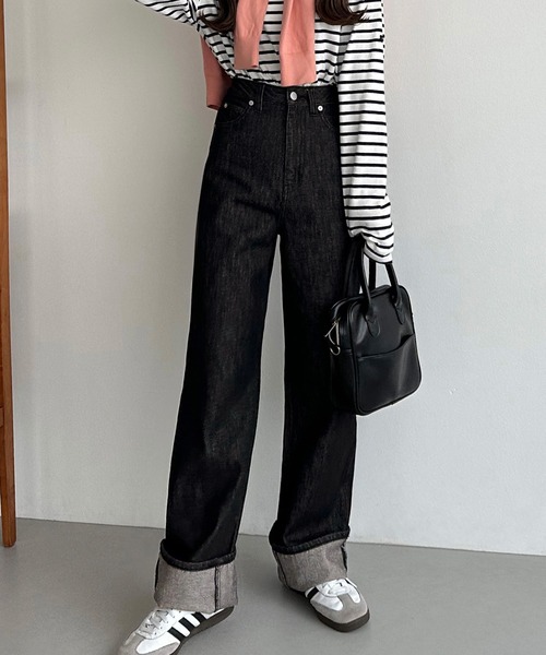 callautia（カラウティア）の「ロールアップハイウエストデニムパンツ（デニムパンツ・レディース・インディゴブルー/ブラック・マルチサイズ）」の12枚目の写真