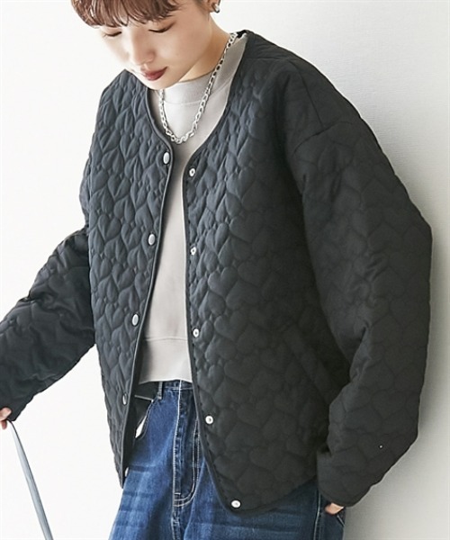 nissen（ニッセン）の「ハートキルトジャケット（ノーカラージャケット・レディース・アイボリー/ブラック・M/L）」の2枚目の写真